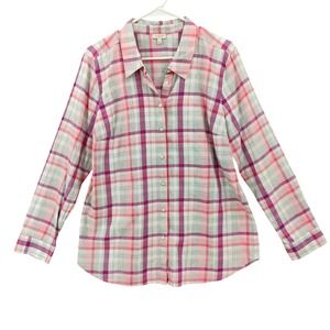 Talbots Women Preppy Classic Plaid Button Down Shirt Large Pink Purple Cotton